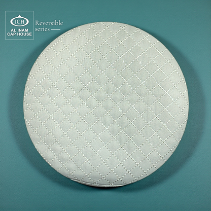 Top pattern detail of AL INAM ICH Reversible Islamic Prayer Cap featuring symmetrical woven craftsmanship, breathable cotton construction and lightweight skull cap design for Muslim men.