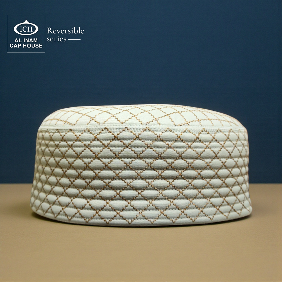 Front profile of AL INAM ICH Reversible Islamic Prayer Cap ICH-00001-A22 made with soft breathable cotton fabric, elegant woven design, lightweight comfortable kufi skull cap for Muslim men, perfect for namaz, Jummah prayer, Eid celebrations and everyday Islamic wear.