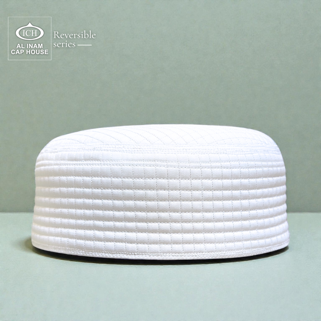 Front display view of AL INAM ICH Reversible Islamic Prayer Cap ICH-00002-A23 made with soft breathable cotton fabric, refined traditional design, lightweight and comfortable kufi skull cap for Muslim men, suitable for namaz, Jummah prayer, Eid and daily Islamic attire.