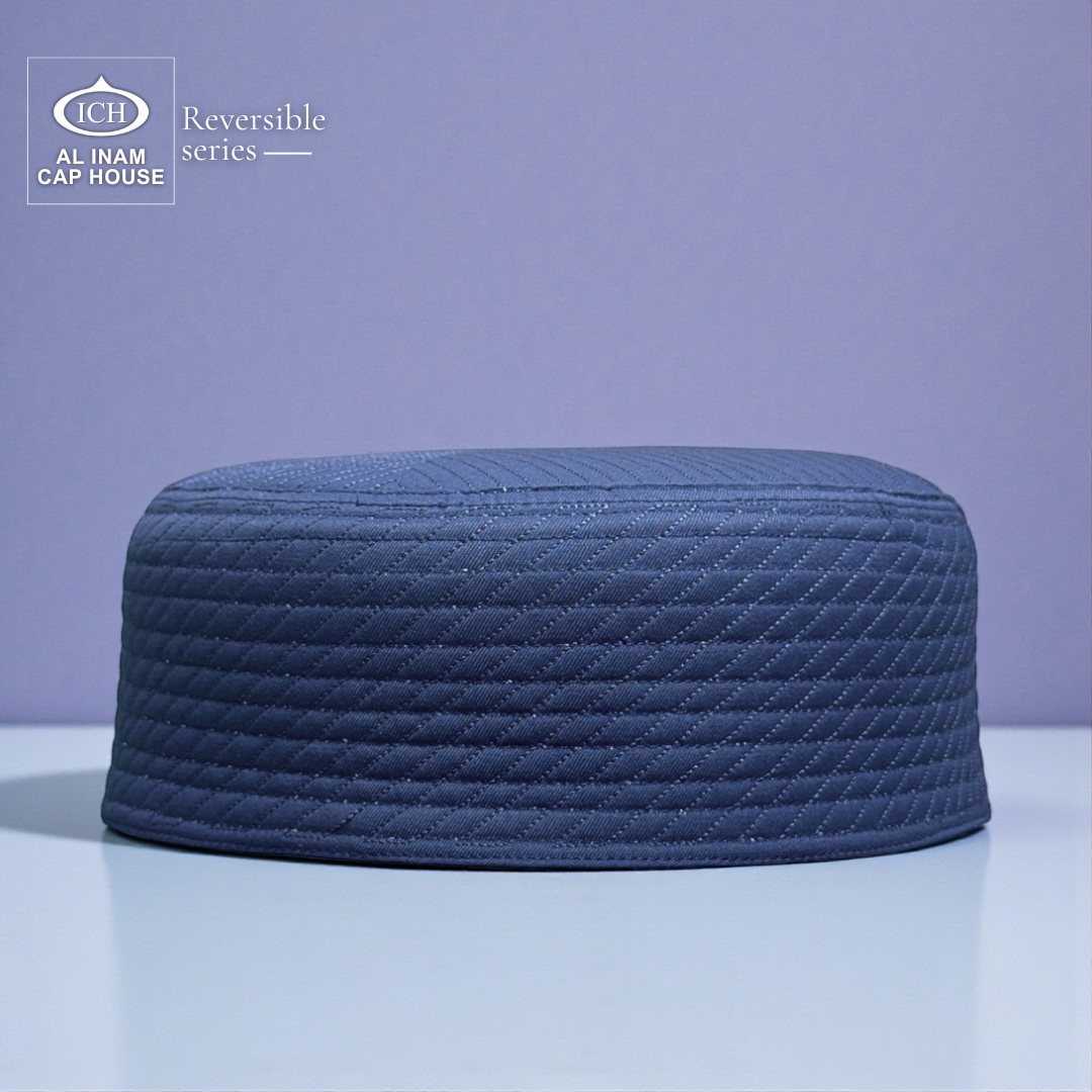 Front style view of AL INAM ICH Reversible Islamic Prayer Cap ICH-00002-A24 made with soft breathable cotton fabric, elegant traditional craftsmanship, lightweight comfortable kufi skull cap for Muslim men, suitable for namaz, Jummah, Eid and everyday wear.