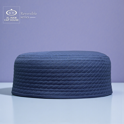 Front style view of AL INAM ICH Reversible Islamic Prayer Cap ICH-00002-A24 made with soft breathable cotton fabric, elegant traditional craftsmanship, lightweight comfortable kufi skull cap for Muslim men, suitable for namaz, Jummah, Eid and everyday wear.