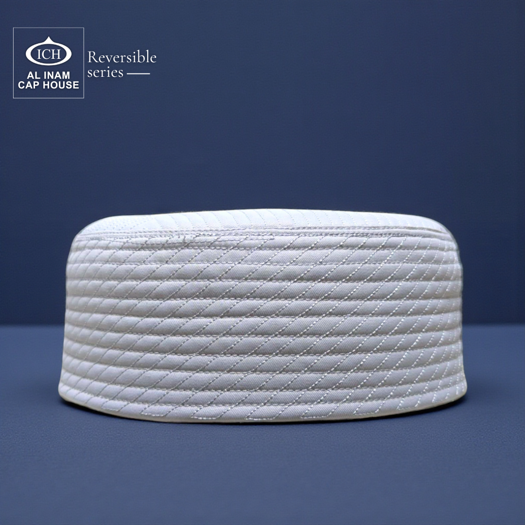 Front profile of AL INAM ICH Reversible Islamic Prayer Cap ICH-00003-A24 crafted from premium breathable cotton fabric, traditional kufi skull cap design for Muslim men, lightweight comfortable fit ideal for namaz, Jummah prayer, Eid and daily Islamic wear.