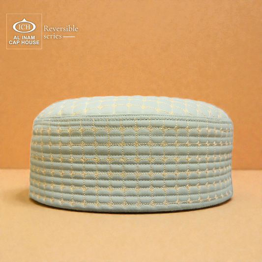 Front view of AL INAM ICH Green Reversible Islamic Prayer Cap made from premium cotton fabric, featuring elegant geometric embroidery design, breathable comfortable kufi cap for Muslim men daily prayer, Jummah and Eid wear.