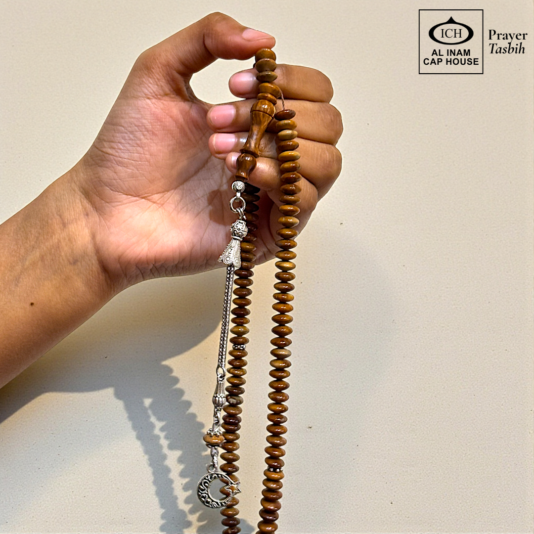 Spiritual use angle of AL INAM Koka Tasbih crafted with authentic Kokka wood beads imported from Turkey, elegant Islamic zikr accessory ideal for Ramadan gifting, Eid, Hajj, Umrah and spiritual gatherings.