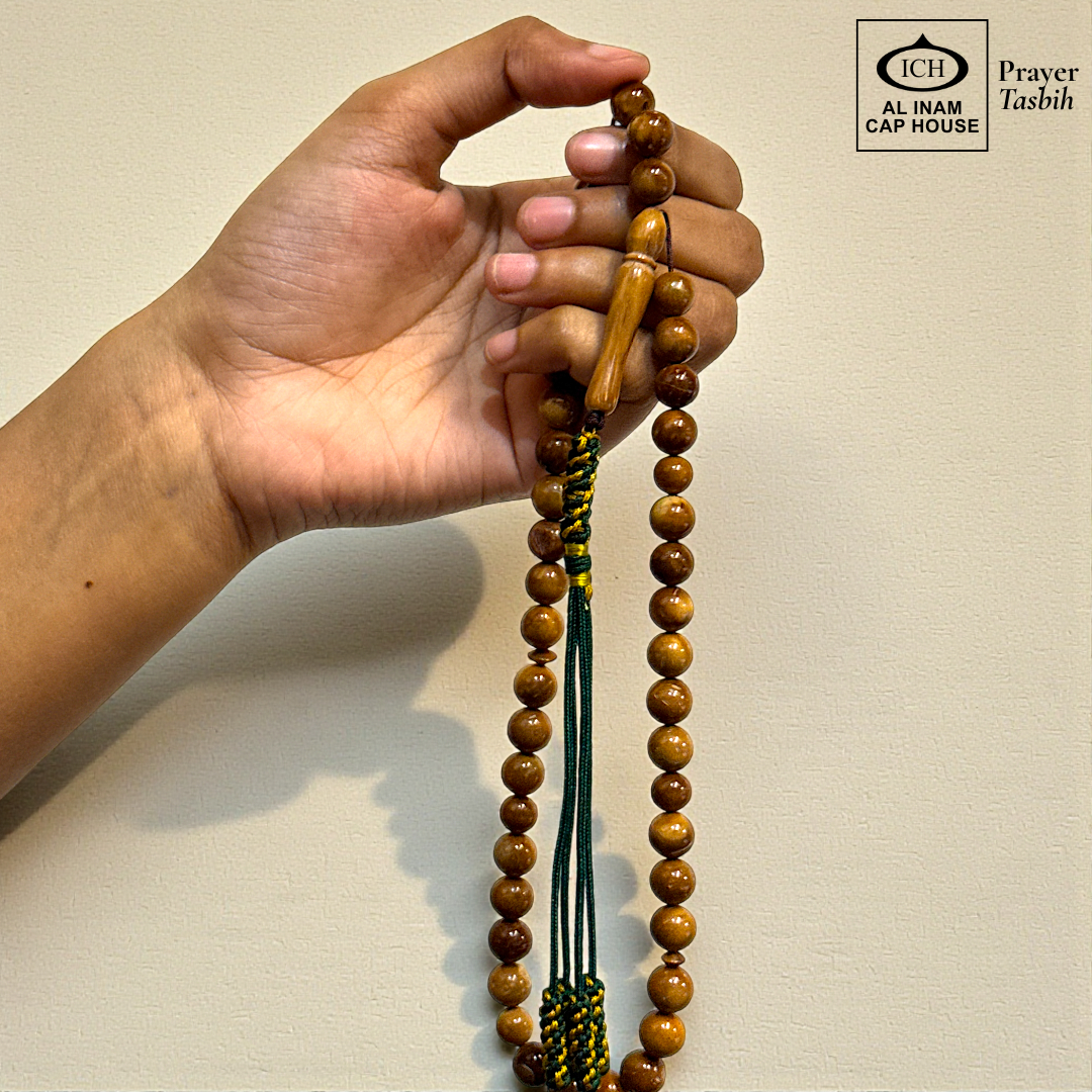 Spiritual use view of AL INAM Koka Tasbih crafted with authentic Kokka wood beads imported from Turkey, elegant Islamic zikr accessory ideal for Ramadan gifting, Eid, Hajj, Umrah and spiritual gatherings.
