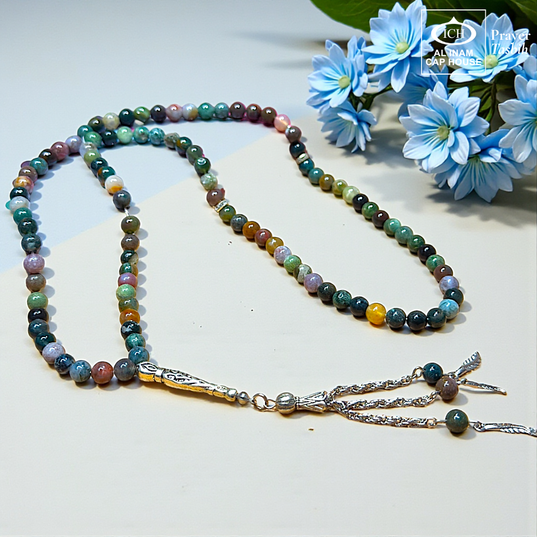 Main display view of AL INAM Sulemani Aqeeq Tasbih ICH-0000-T15 handcrafted with genuine Sulemani agate stones featuring deep brown and reddish natural tones, premium Islamic prayer beads for dhikr, duas, Ramadan, Hajj, Umrah and daily spiritual use.