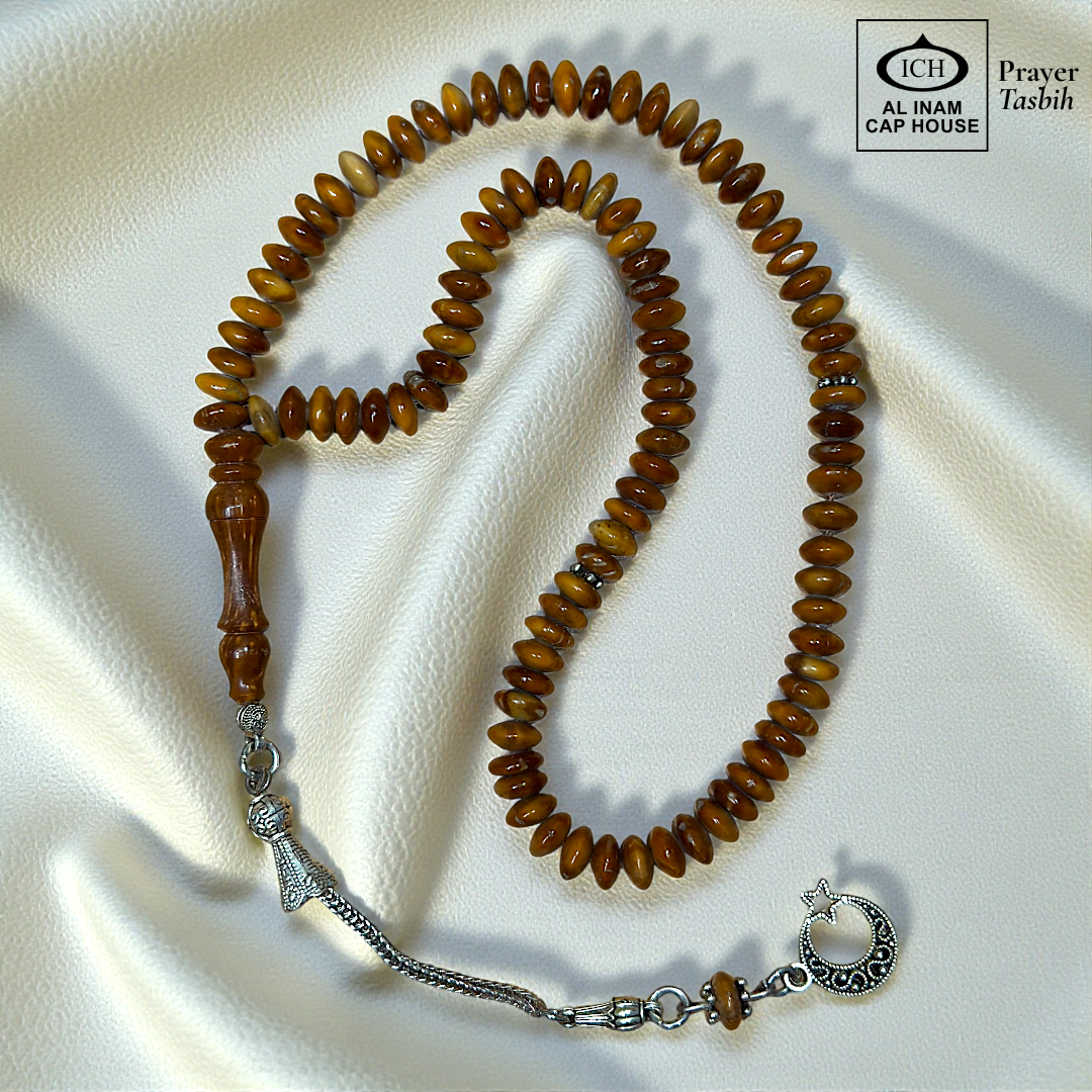 Full angle view of AL INAM Koka Islamic Tasbih showcasing smooth handcrafted Kokka wood beads, traditional Muslim prayer bead craftsmanship and lightweight comfortable design for zikr and meditation.
