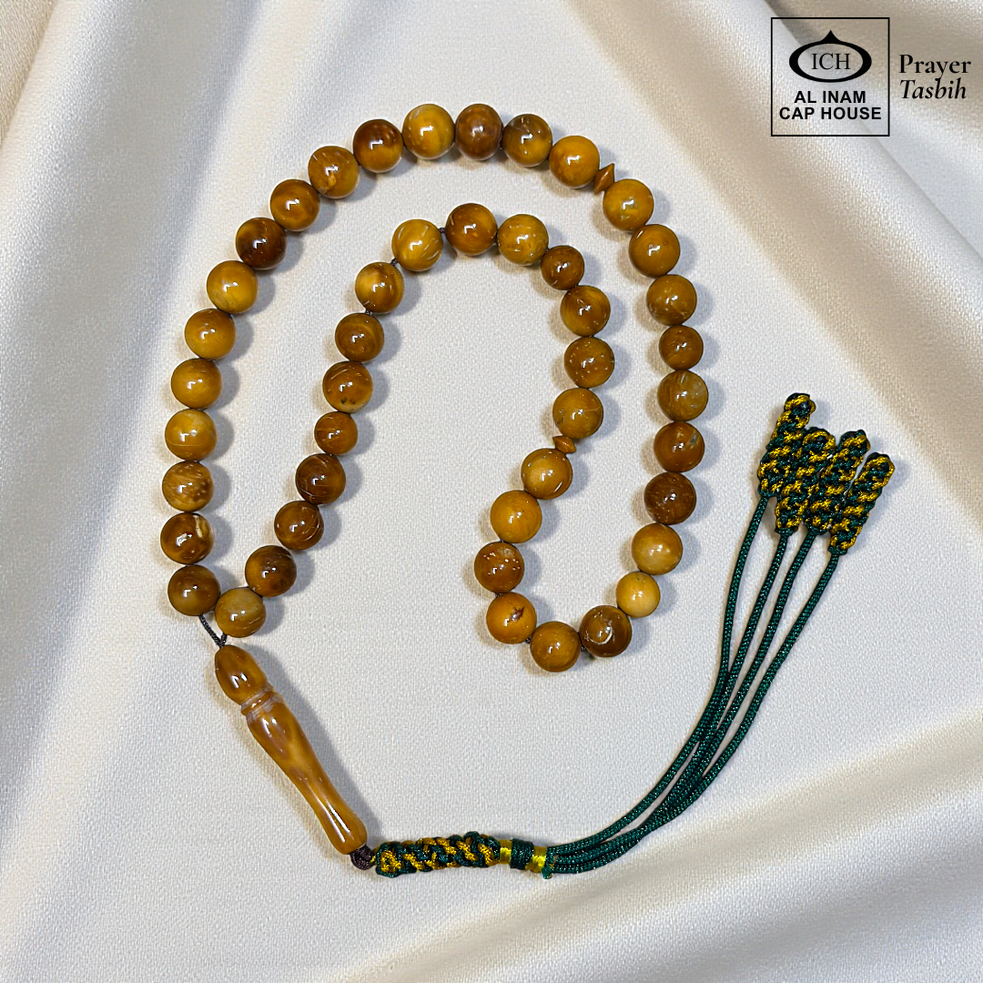 Full angle view of AL INAM Koka Islamic Tasbih showcasing smooth polished Kokka wood beads, traditional Muslim prayer bead craftsmanship and lightweight comfortable design for zikr and meditation.