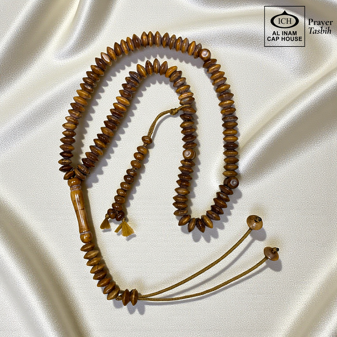 Full angle view of AL INAM Koka Islamic Tasbih showcasing smooth handcrafted Kokka wood beads, traditional Muslim prayer bead craftsmanship and lightweight comfortable design for zikr and meditation.