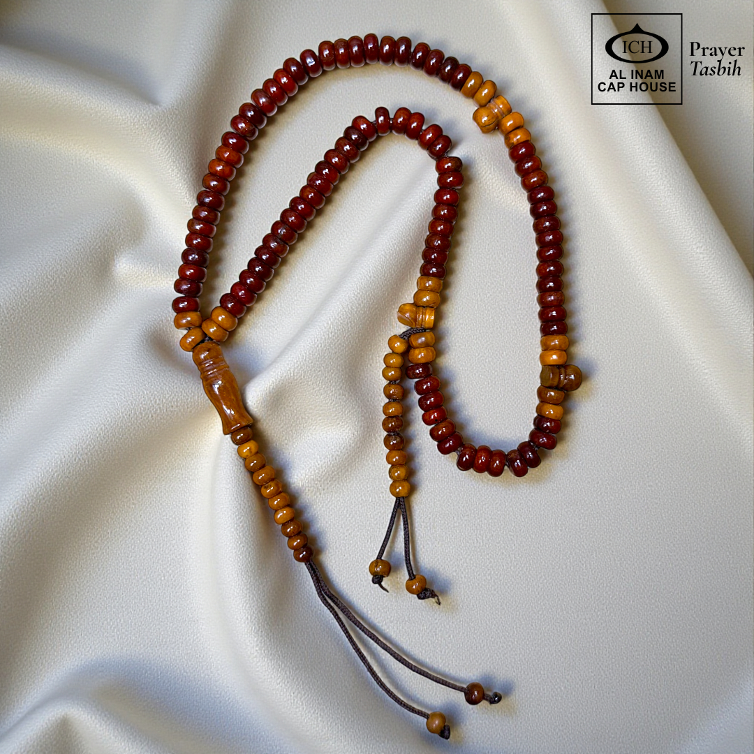 Full angle view of AL INAM Koka Islamic Tasbih showcasing smooth polished Kokka wood beads, traditional Muslim prayer bead craftsmanship and lightweight comfortable design for zikr and meditation.