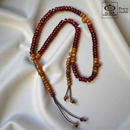 Full angle view of AL INAM Koka Islamic Tasbih showcasing smooth polished Kokka wood beads, traditional Muslim prayer bead craftsmanship and lightweight comfortable design for zikr and meditation.