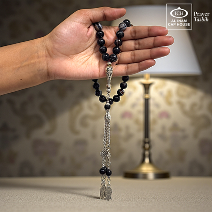 Handheld display angle of AL INAM Aqeeq Hakik Islamic Prayer Tasbih showing lightweight balanced bead arrangement, comfortable grip and durable craftsmanship for daily tasbeeh recitation and duas.