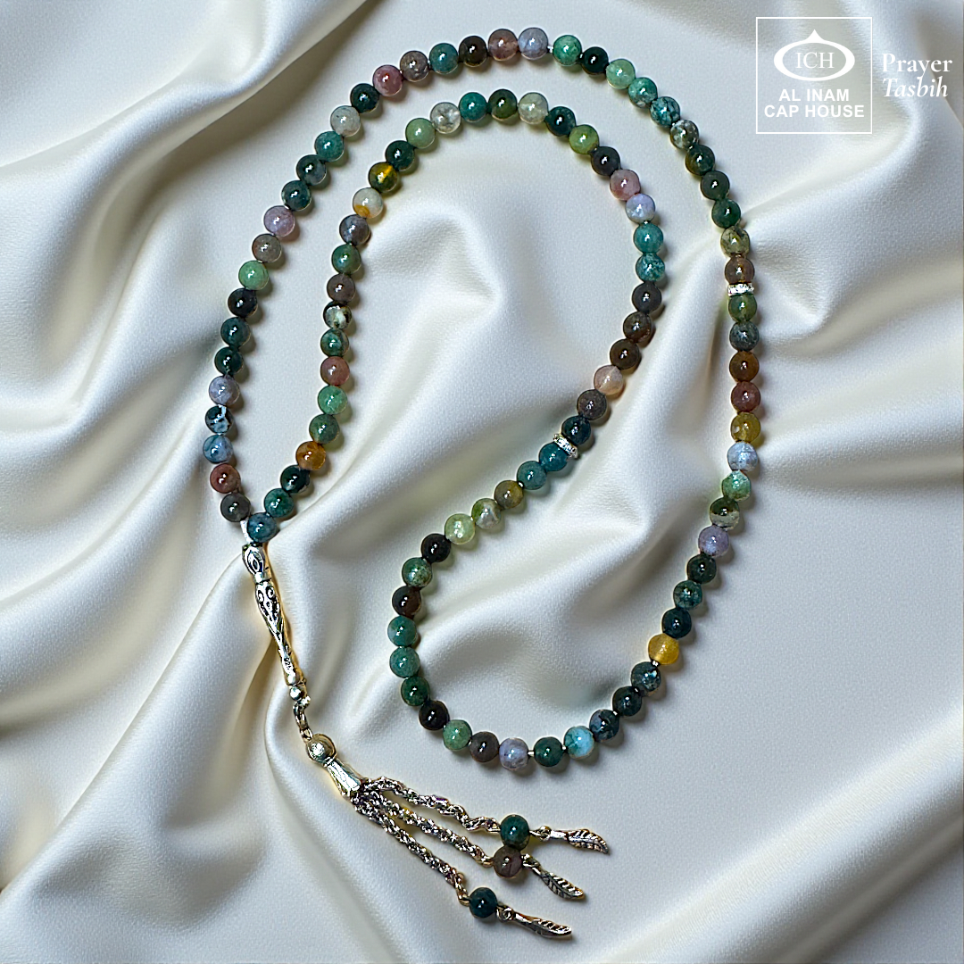 Full angle view of AL INAM Sulemani Aqeeq Islamic Tasbih showcasing polished agate beads, elegant silver toned tassel detailing and traditional Muslim prayer bead design for zikr and meditation.