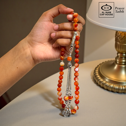 Handheld display view of AL INAM AQEEQ Belgium Crystal Islamic Tasbih showing elegant bead arrangement, durable construction and comfortable handling for daily tasbeeh recitation and duas.