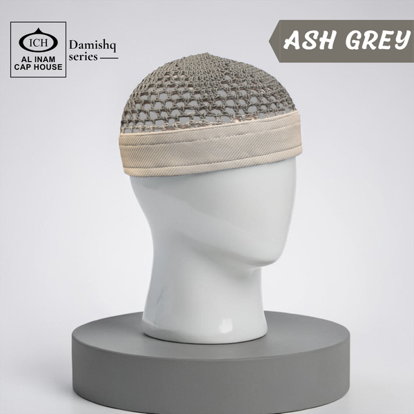 Dummy view of ICH Damishq Ash Grey Islamic Knitted Cap ICH-0000-N17 featuring premium knitted craftsmanship, breathable fabric, lightweight comfort and elegant kufi cap design for Muslim men.