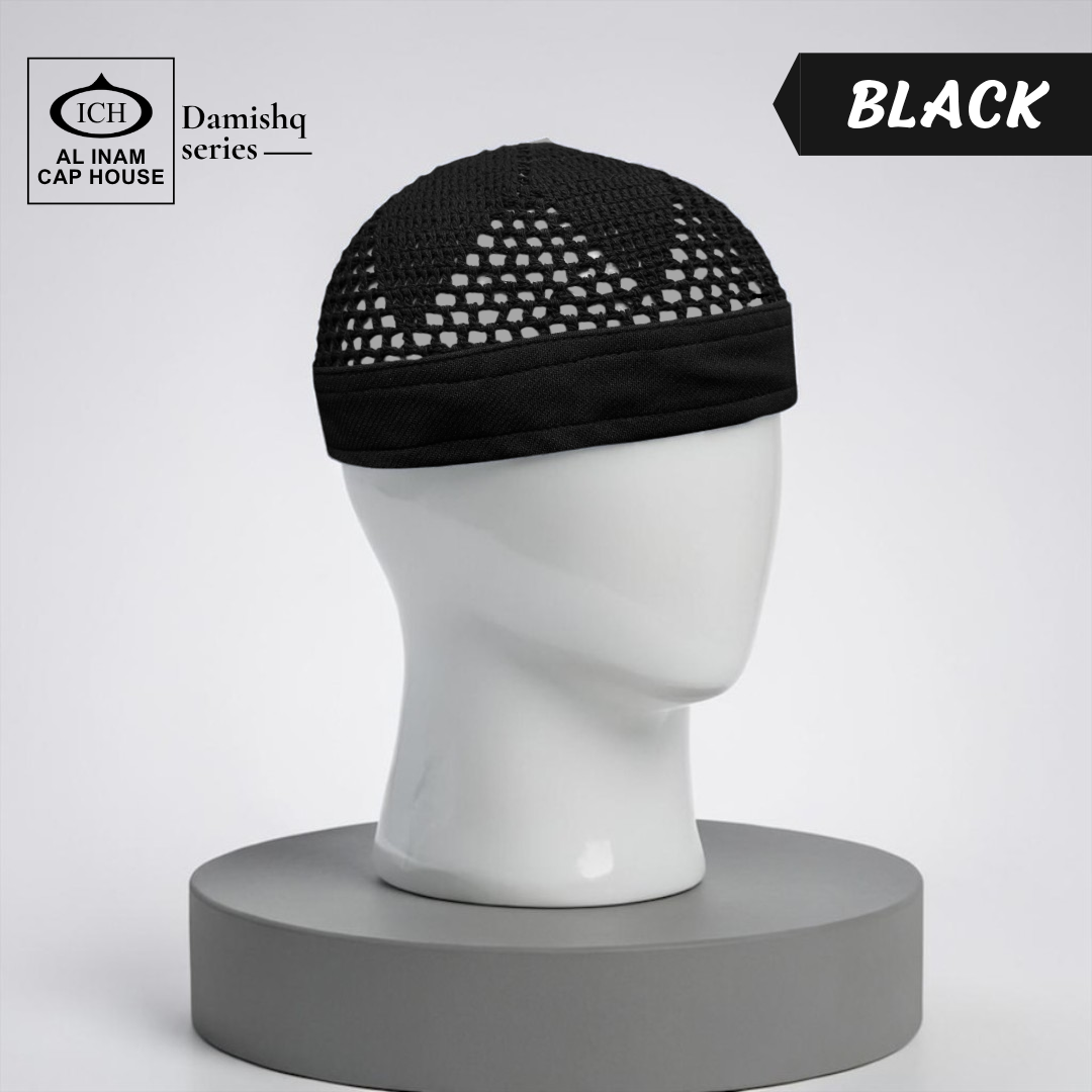 Dummy view of ICH Damishq Black Islamic Knitted Cap ICH-0000-N17 featuring premium knitted craftsmanship, breathable construction, lightweight comfort and elegant kufi cap design for Muslim men.