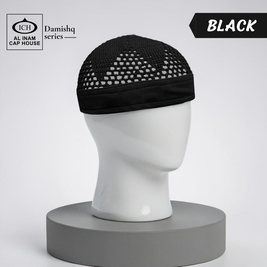 Dummy view of ICH Damishq Black Islamic Knitted Cap ICH-0000-N17 featuring premium knitted craftsmanship, breathable construction, lightweight comfort and elegant kufi cap design for Muslim men.