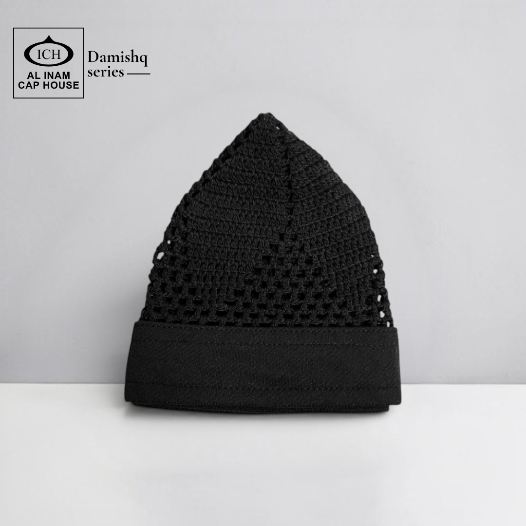 Front view of ICH Damishq Black Islamic Knitted Cap ICH-0000-N17 showcasing detailed knitted pattern, breathable fabric, comfortable fit and premium Muslim prayer cap for namaz, Jummah and daily wear.