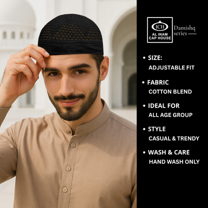 Model view of ICH Damishq Black Islamic Knitted Cap ICH-0000-N17 displaying modern Islamic style, breathable knitted material, secure fit and comfortable kufi cap for Muslim men.