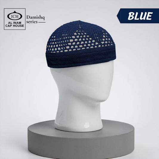 Dummy view of ICH Damishq Blue Islamic Knitted Cap ICH-0000-N17 featuring premium knitted craftsmanship, breathable fabric, lightweight comfort and elegant kufi cap design for Muslim men.