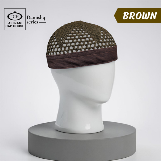Dummy view of ICH Damishq Brown Islamic Knitted Cap ICH-0000-N17 featuring premium knitted craftsmanship, breathable fabric, lightweight comfort and elegant kufi cap design for Muslim men.