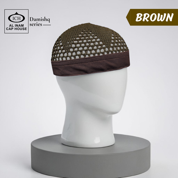 Dummy view of ICH Damishq Brown Islamic Knitted Cap ICH-0000-N17 featuring premium knitted craftsmanship, breathable fabric, lightweight comfort and elegant kufi cap design for Muslim men.