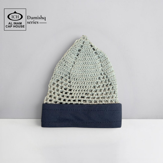 Front view of ICH Damishq Dark Grey Islamic Knitted Cap ICH-0000-N17 showcasing detailed knitted pattern, breathable construction, comfortable fit and premium Muslim prayer cap for namaz, Jummah, Eid and daily wear.