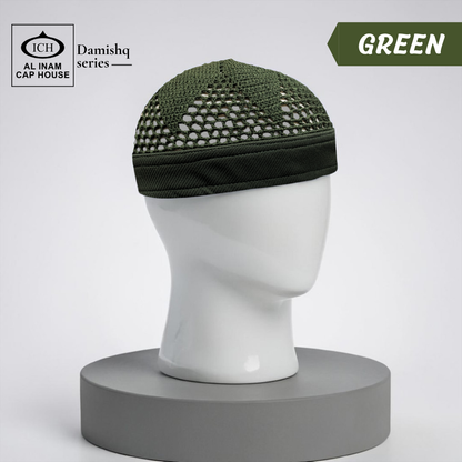 Dummy view of ICH Damishq Green Islamic Knitted Cap ICH-0000-N17 featuring premium knitted craftsmanship, breathable fabric, lightweight comfort and elegant kufi cap design for Muslim men.