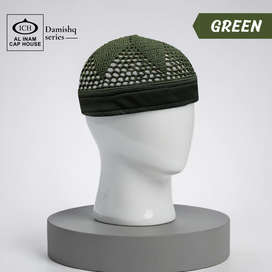 Dummy view of ICH Damishq Green Islamic Knitted Cap ICH-0000-N17 featuring premium knitted craftsmanship, breathable fabric, lightweight comfort and elegant kufi cap design for Muslim men.