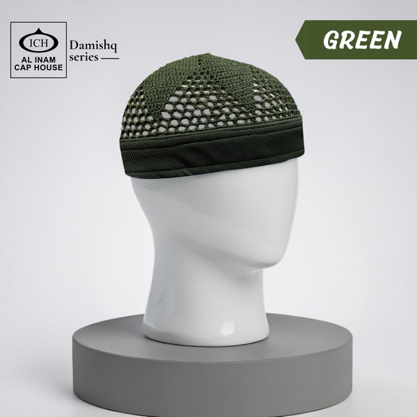 Dummy view of ICH Damishq Green Islamic Knitted Cap ICH-0000-N17 featuring premium knitted craftsmanship, breathable fabric, lightweight comfort and elegant kufi cap design for Muslim men.