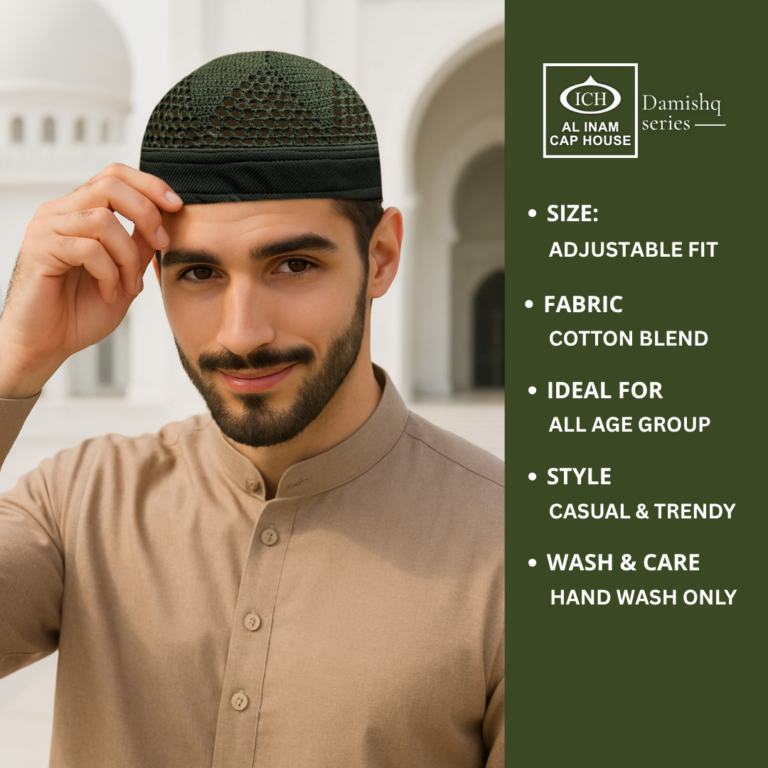Model view of ICH Damishq Green Islamic Knitted Cap ICH-0000-N17 displaying modern Islamic style, breathable knitted material, secure fit and comfortable kufi cap for Muslim men.