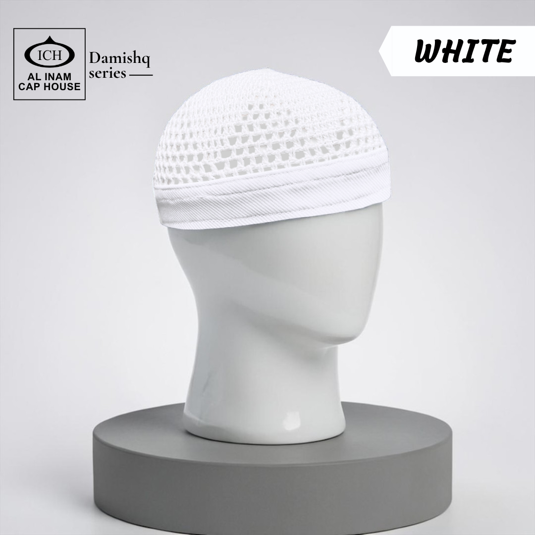 Dummy view of ICH Damishq White Islamic Knitted Cap ICH-0000-N17 featuring premium knitted craftsmanship, breathable fabric, lightweight comfort and elegant kufi cap design for Muslim men.