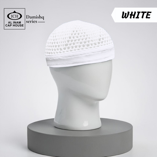 Dummy view of ICH Damishq White Islamic Knitted Cap ICH-0000-N17 featuring premium knitted craftsmanship, breathable fabric, lightweight comfort and elegant kufi cap design for Muslim men.