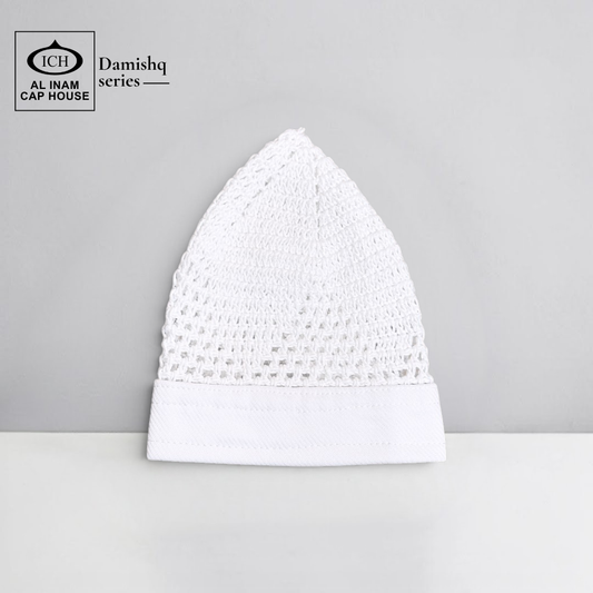 Front view of ICH Damishq White Islamic Knitted Cap ICH-0000-N17 showcasing detailed knitted pattern, breathable construction, comfortable fit and premium Muslim prayer cap for namaz, Jummah, Eid and daily wear.