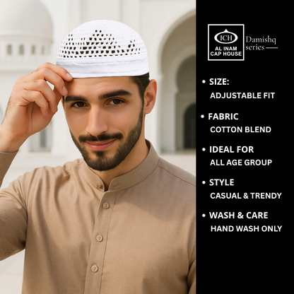 Model view of ICH Damishq White Islamic Knitted Cap ICH-0000-N17 displaying modern Islamic style, breathable knitted material, secure fit and comfortable kufi cap for Muslim men.
