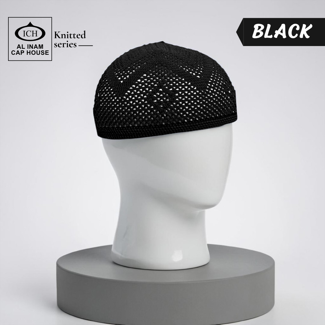 Dummy view of ICH Turkish Black Islamic Knitted Cap ICH-0000-N22 featuring premium Turkish craftsmanship, soft cotton blend fabric, breathable construction, lightweight comfort and elegant kufi cap design for Muslim men.