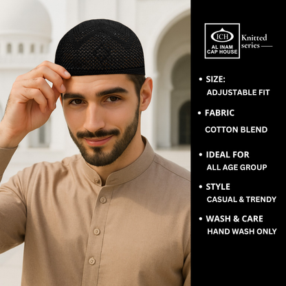 Model view of ICH Turkish Black Islamic Knitted Cap ICH-0000-N22 displaying breathable cotton blend fabric, premium Turkish craftsmanship, secure fit and comfortable kufi cap for Muslim men.