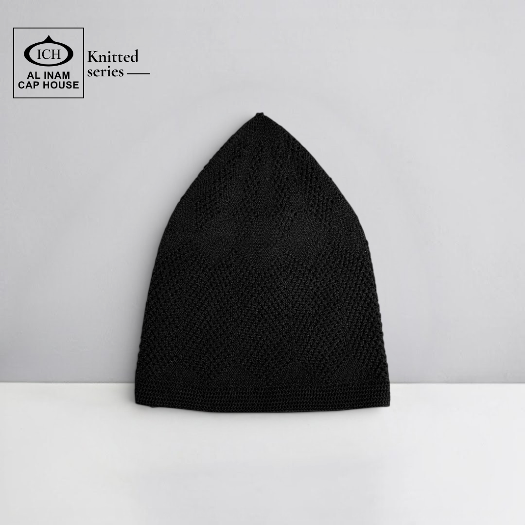 Front view of ICH Turkish Black Islamic Knitted Cap ICH-0000-N23 showcasing detailed knitted pattern, premium cotton construction, comfortable fit and stylish Muslim prayer cap for namaz, Jummah, Eid and everyday Islamic wear.