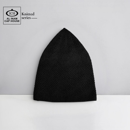 Front view of ICH Turkish Black Islamic Knitted Cap ICH-0000-N23 showcasing detailed knitted pattern, premium cotton construction, comfortable fit and stylish Muslim prayer cap for namaz, Jummah, Eid and everyday Islamic wear.