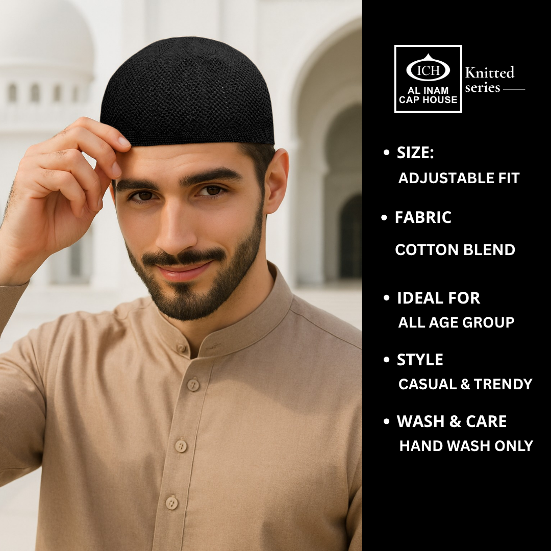 Model view of ICH Turkish Black Islamic Knitted Cap ICH-0000-N23 displaying modern Islamic style, breathable knitted cotton fabric, secure fit and comfortable kufi cap for Muslim men during prayers and special occasions.