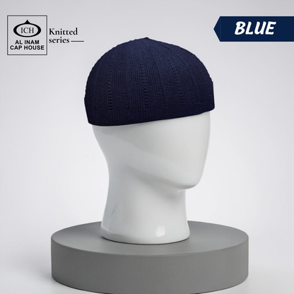 Dummy view of ICH Turkish Blue Islamic Knitted Cap ICH-0000-N18 featuring premium Turkish knitted craftsmanship, breathable cotton fabric, lightweight comfort and elegant kufi cap design for Muslim men, suitable for prayer and daily wear.