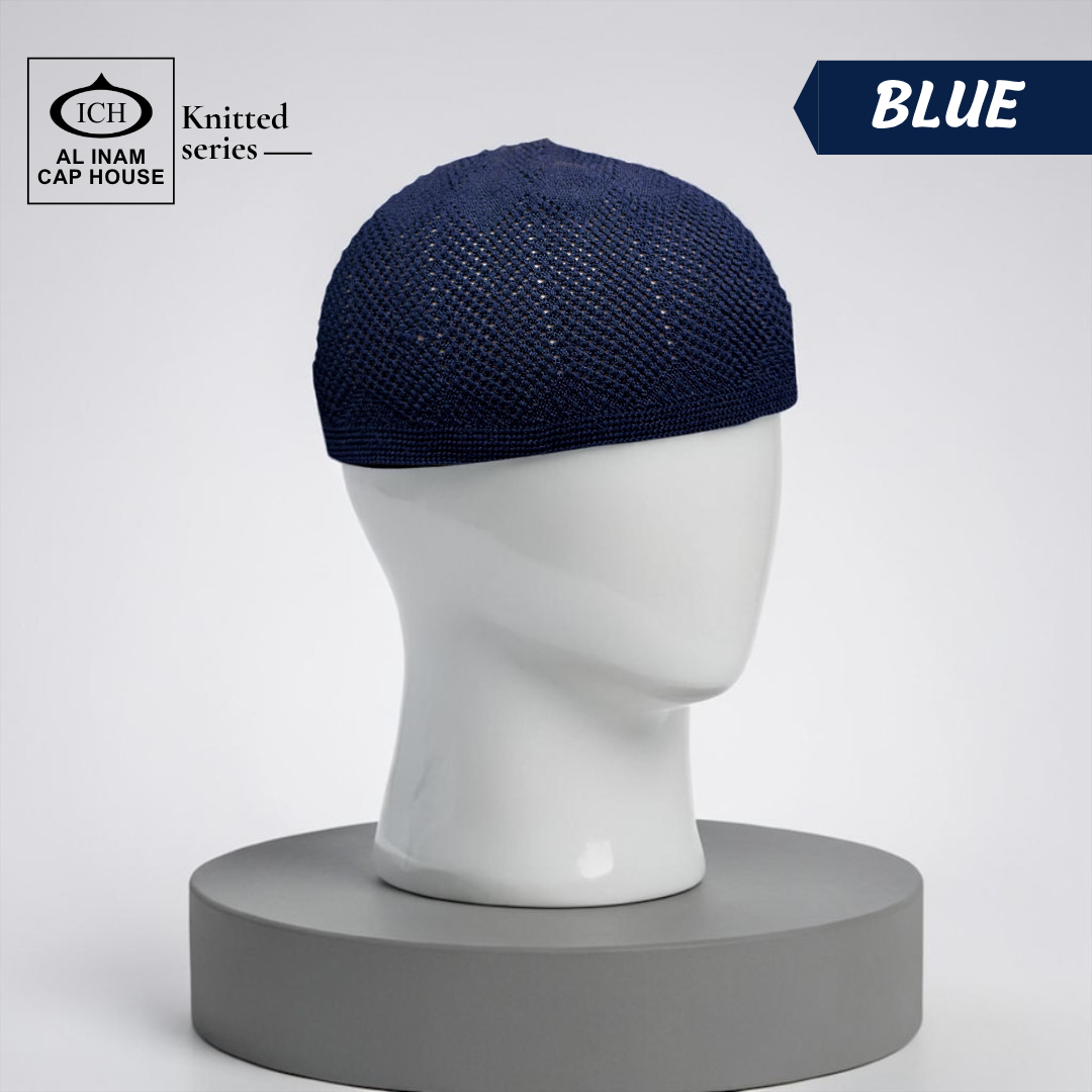 Dummy view of ICH Turkish Blue Islamic Knitted Cap ICH-0000-N23 featuring premium Turkish knitted craftsmanship, breathable cotton fabric, lightweight comfort and elegant kufi cap design for Muslim men.