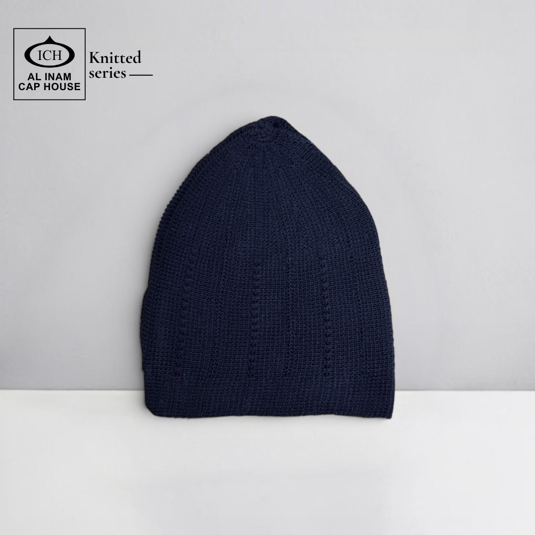 Front view of ICH Turkish Blue Islamic Knitted Cap ICH-0000-N18 showcasing detailed knitted pattern, premium cotton construction, comfortable fit and stylish Muslim prayer cap for namaz, Jummah, Eid and everyday Islamic wear.