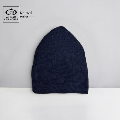 Front view of ICH Turkish Blue Islamic Knitted Cap ICH-0000-N18 showcasing detailed knitted pattern, premium cotton construction, comfortable fit and stylish Muslim prayer cap for namaz, Jummah, Eid and everyday Islamic wear.