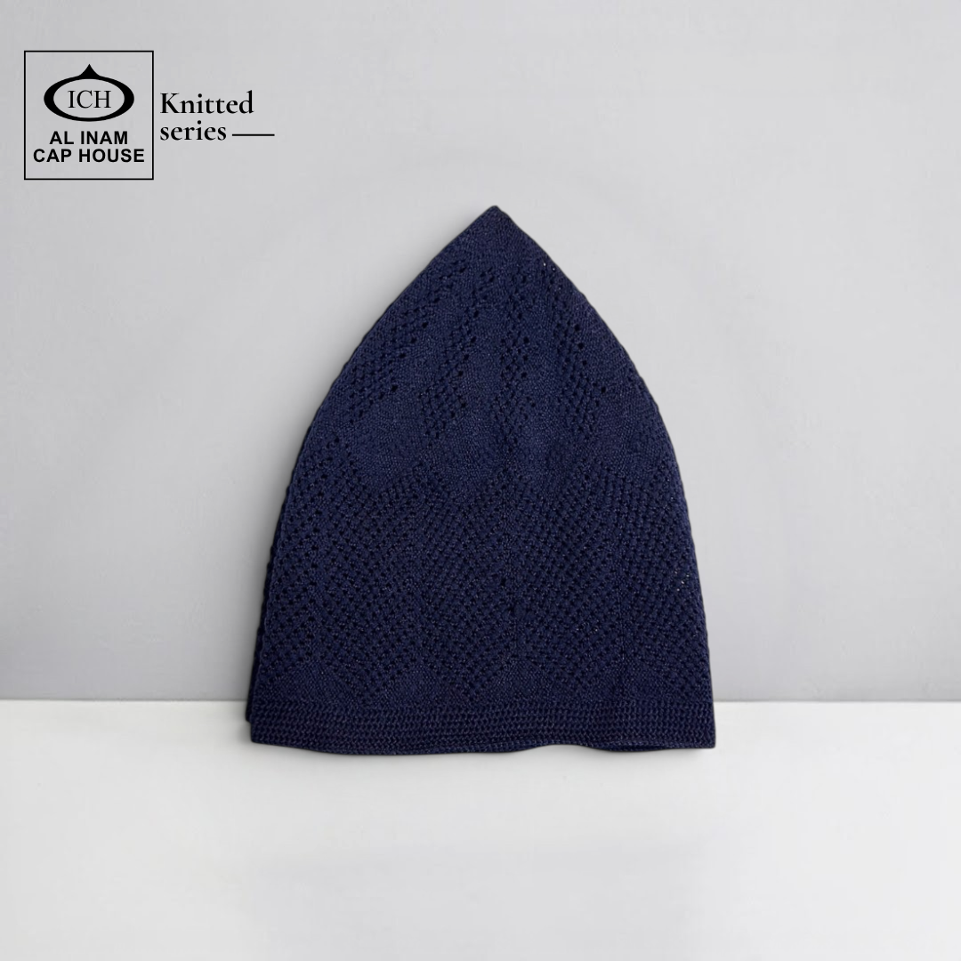 Front view of ICH Turkish Blue Islamic Knitted Cap ICH-0000-N23 showcasing detailed knitted pattern, premium cotton construction, comfortable fit and stylish Muslim prayer cap for namaz, Jummah, Eid and everyday Islamic wear.