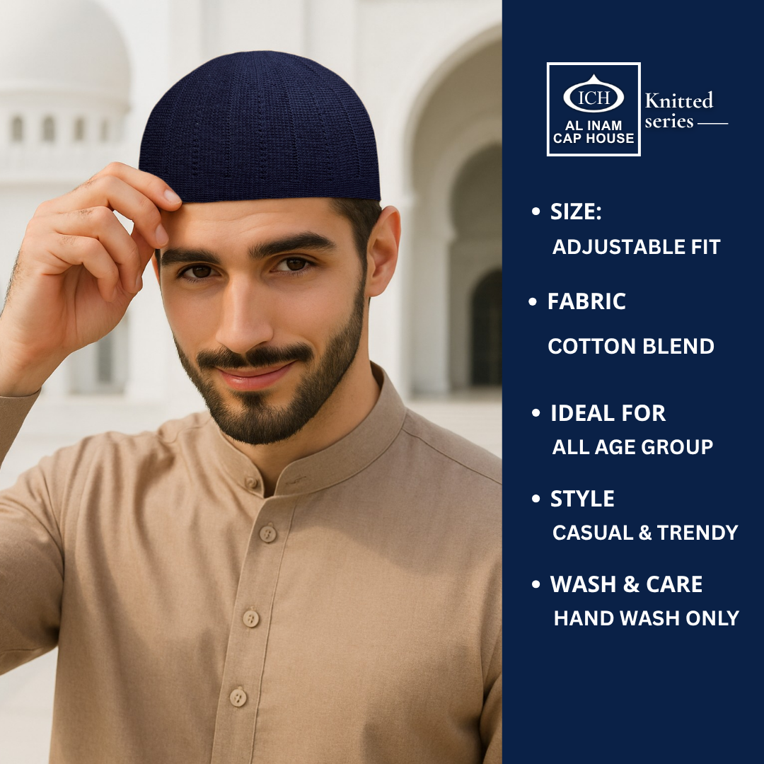 Model view of ICH Turkish Blue Islamic Knitted Cap ICH-0000-N18 displaying modern Islamic style, breathable knitted cotton fabric, secure fit and comfortable kufi cap for Muslim men during prayers and special occasions.