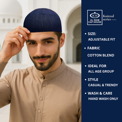 Model view of ICH Turkish Blue Islamic Knitted Cap ICH-0000-N23 displaying modern Islamic style, breathable knitted cotton fabric, secure fit and comfortable kufi cap for Muslim men during prayers and special occasions.