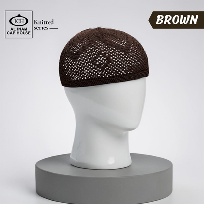 Dummy view of ICH Turkish Brown Islamic Knitted Cap ICH-0000-N22 crafted from premium cotton blend fabric, featuring breathable comfort, lightweight construction and elegant Turkish kufi cap design for Muslim men.
