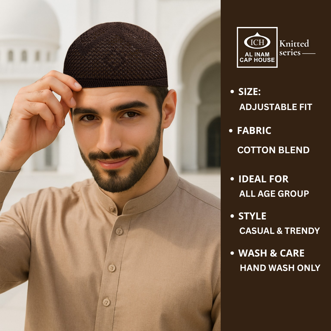 Model view of ICH Turkish Brown Islamic Knitted Cap ICH-0000-N22 displaying breathable cotton blend fabric, premium Turkish craftsmanship, secure fit and comfortable kufi cap for Muslim men.