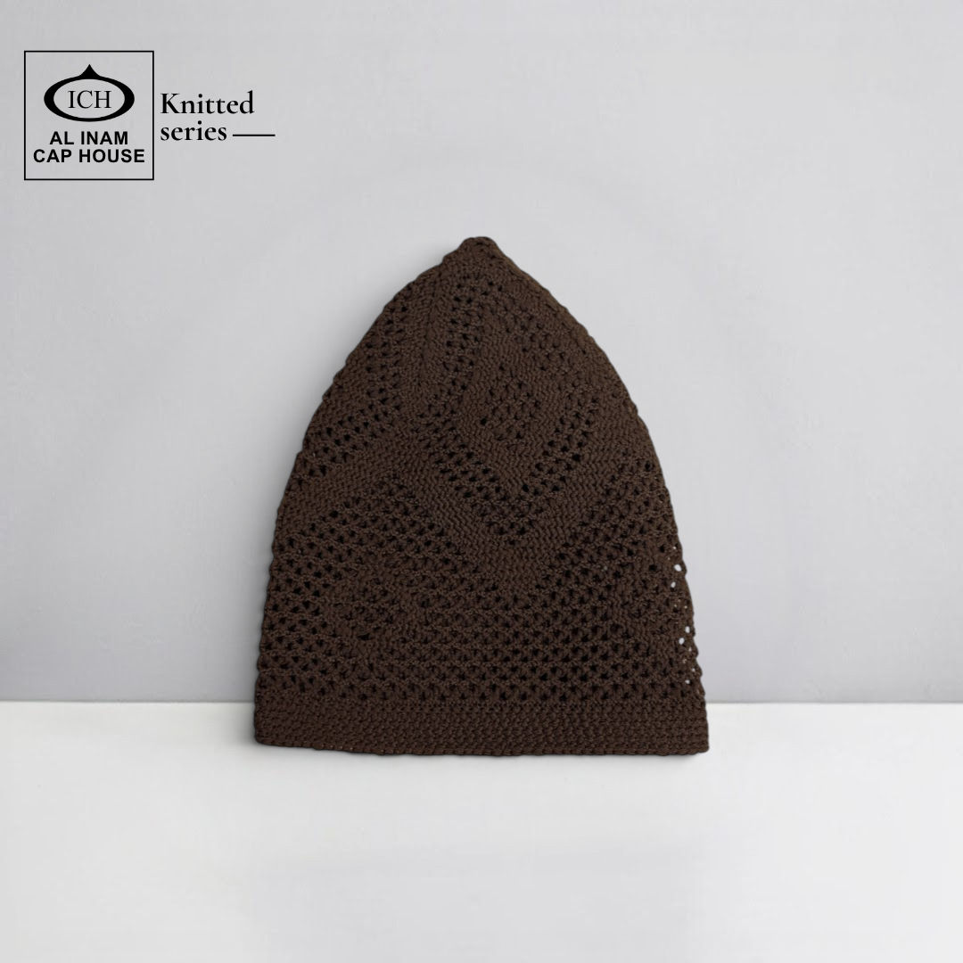 Front view of ICH Turkish Brown Islamic Knitted Cap ICH-0000-N22 showcasing detailed knitted texture, premium cotton blend construction, comfortable fit and stylish Muslim prayer cap for namaz, Jummah, Eid and daily wear.